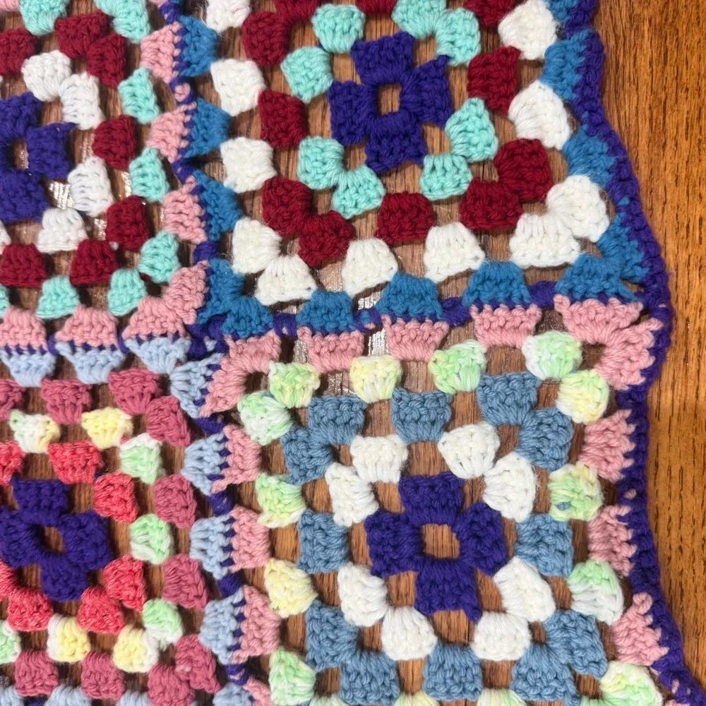 Vintage Granny Square Crochet Blanket Handmade Afghan Boho Throw Cottagecore 70s